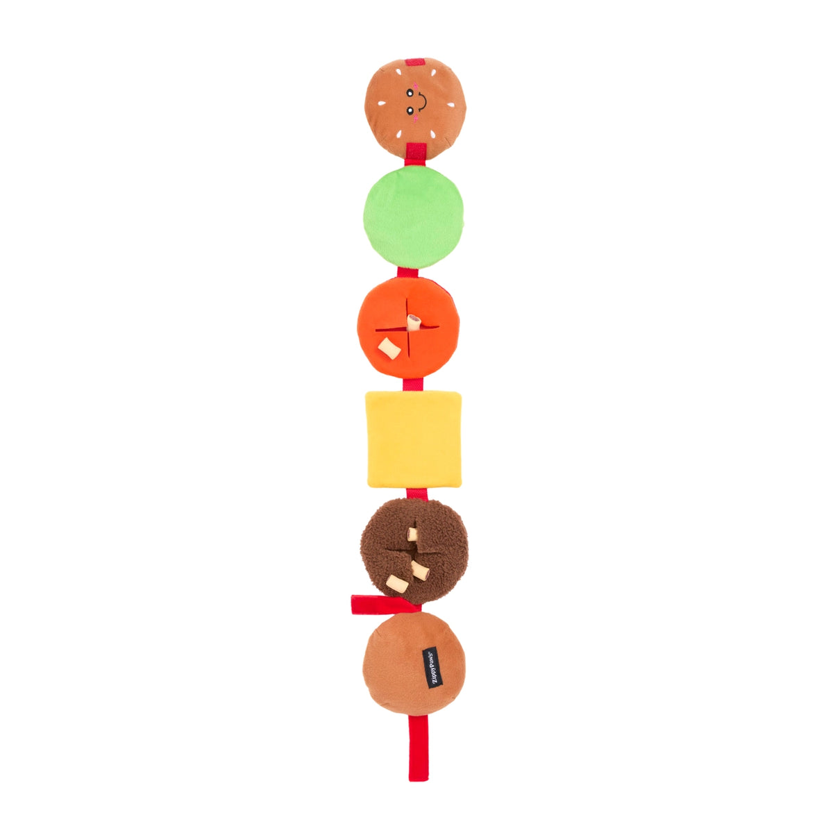 enrichment hamburger dog toy. featuring 6 sections: top and bottom bun, lettuce, tomato, and meat. All plush and can hide dog treats