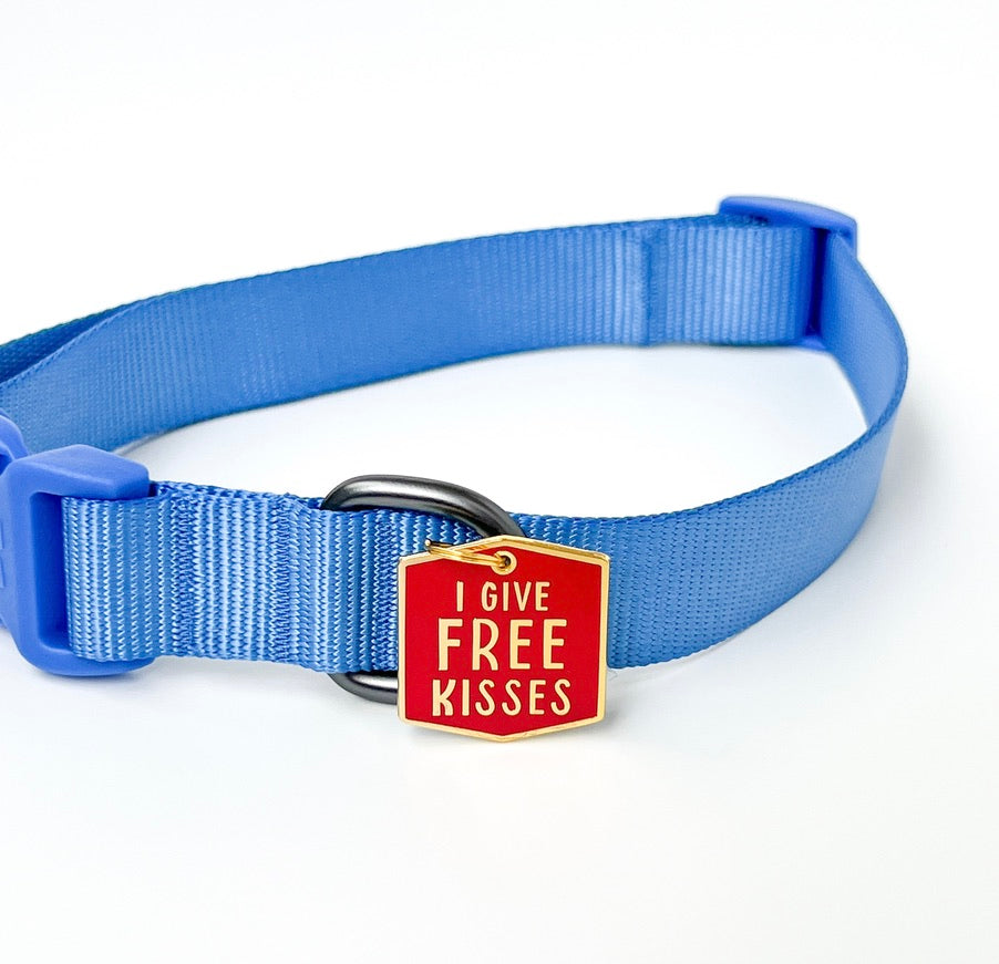 A blue nylon pet collar with a red enamel tag that reads 'I GIVE FREE KISSES' in white text, shown on a clean white background.