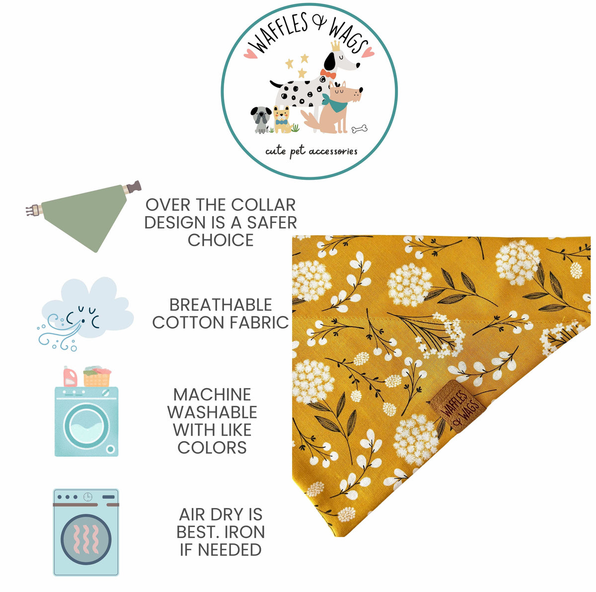 A dog bandana shown on a white background with marketing text and icons. The bandana is mustard yellow with a white floral pattern and a small brown brand patch reading 'Waffles of Wags'.