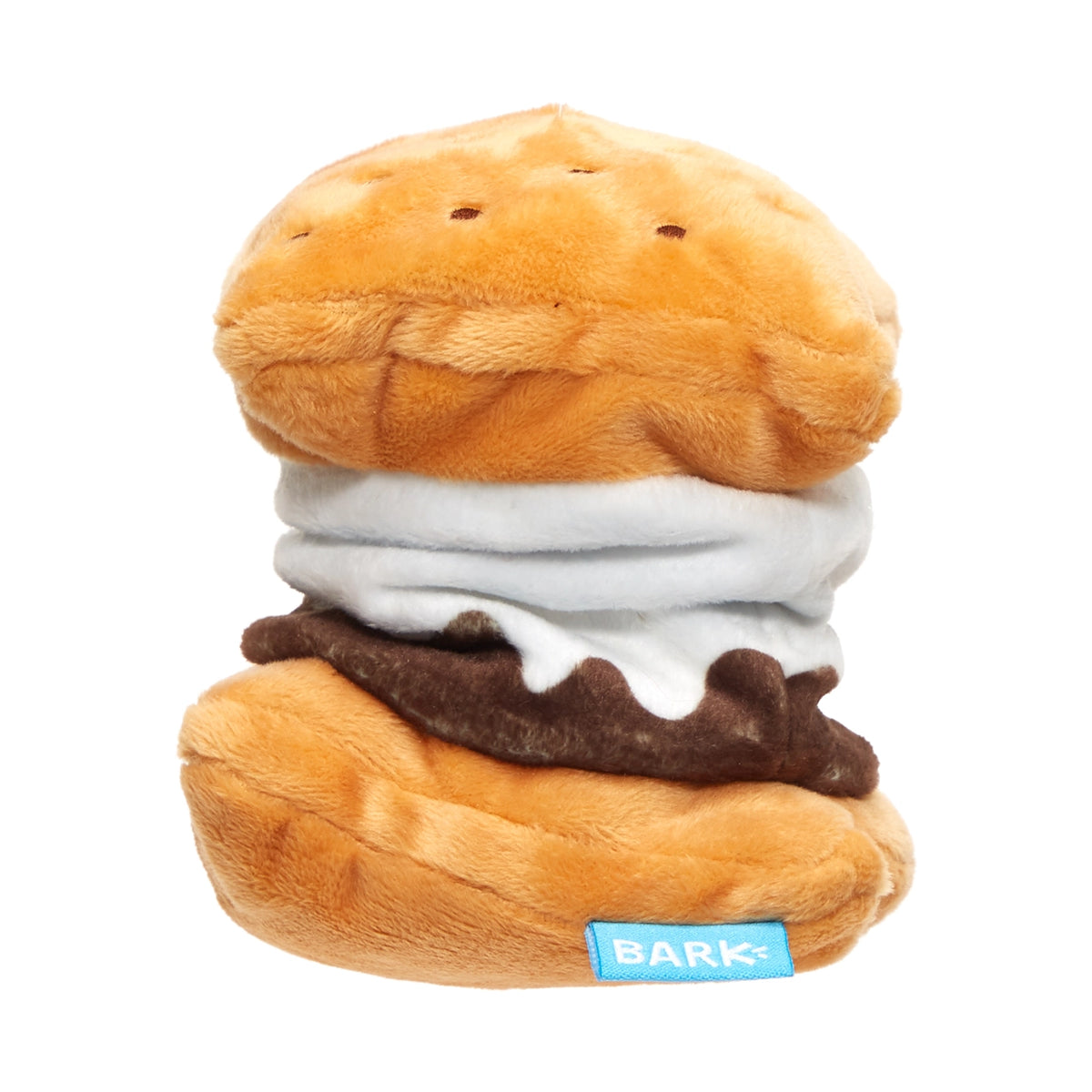 Bark More S'mores plush squeaky dog toy with a stretch bungee